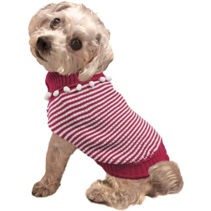 Fashion Pet Pom Pom Stripe Dog Sweater Raspberry